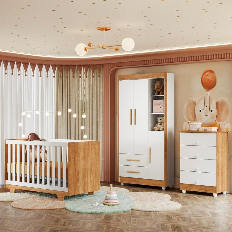 Quarto de Bebê Completo life  100% MDF com Cômoda Berço e Guarda Roupa 1 MDF Branco/Amadeirado